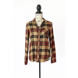 Maurices XS Plaid Flannel Button Down Shirt Tan Red NWT